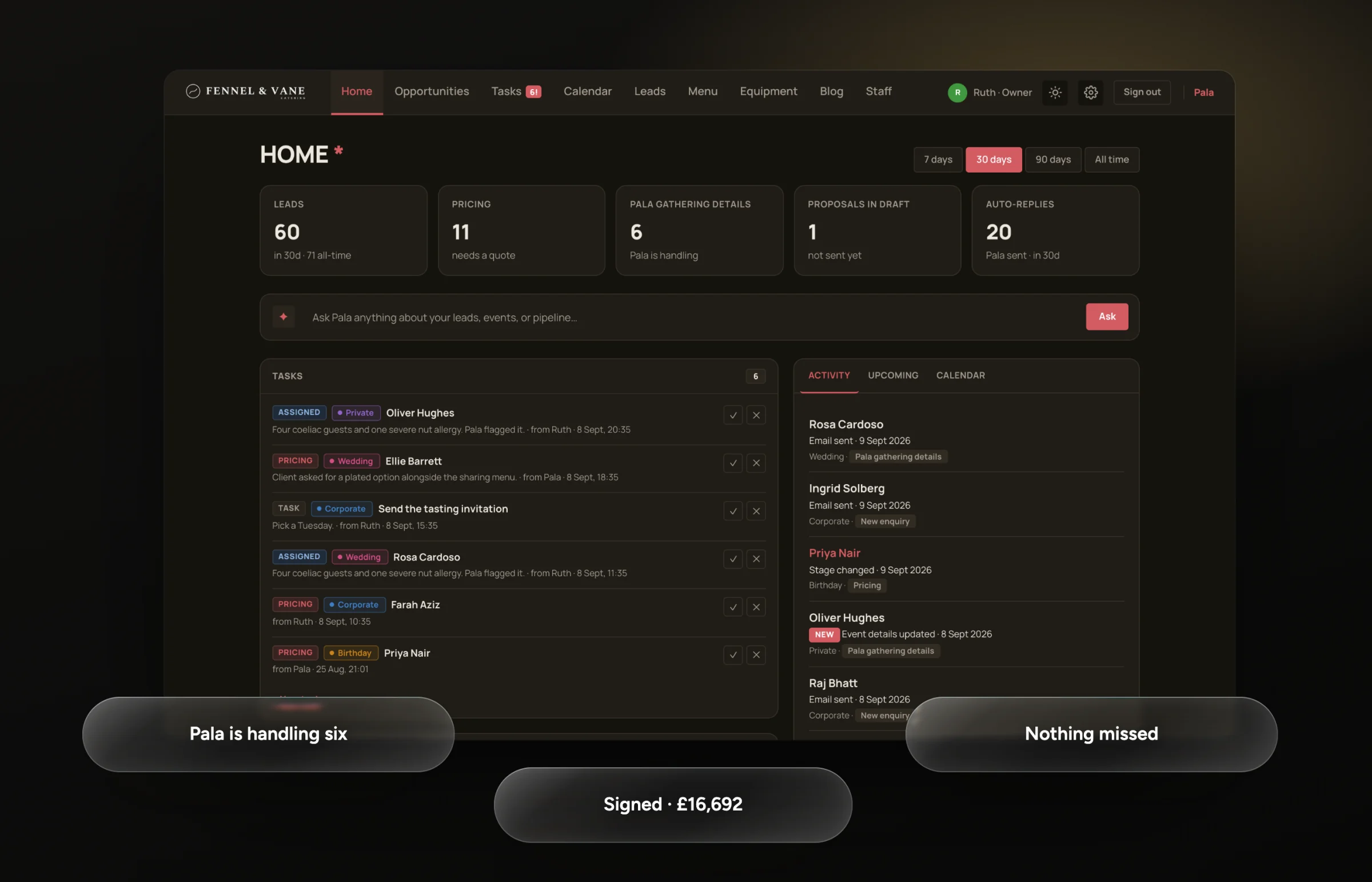 The Pala dashboard showing a pipeline of catering enquiries, with glass bubbles on a dark ground.
