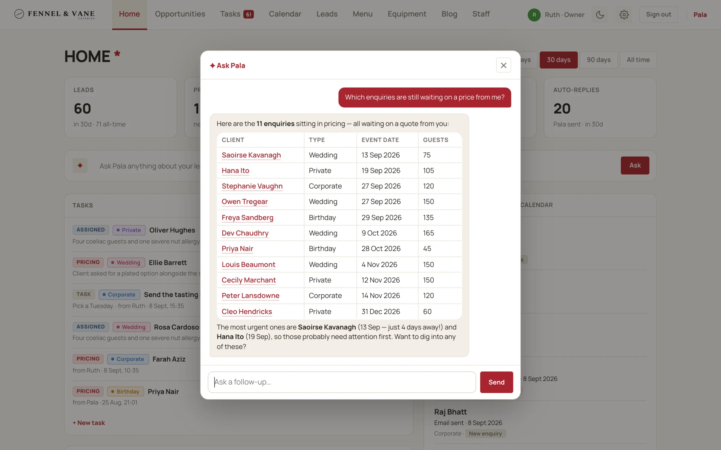 The Ask Pala interface layered over the dashboard, showing a plain-English question about the pipeline.