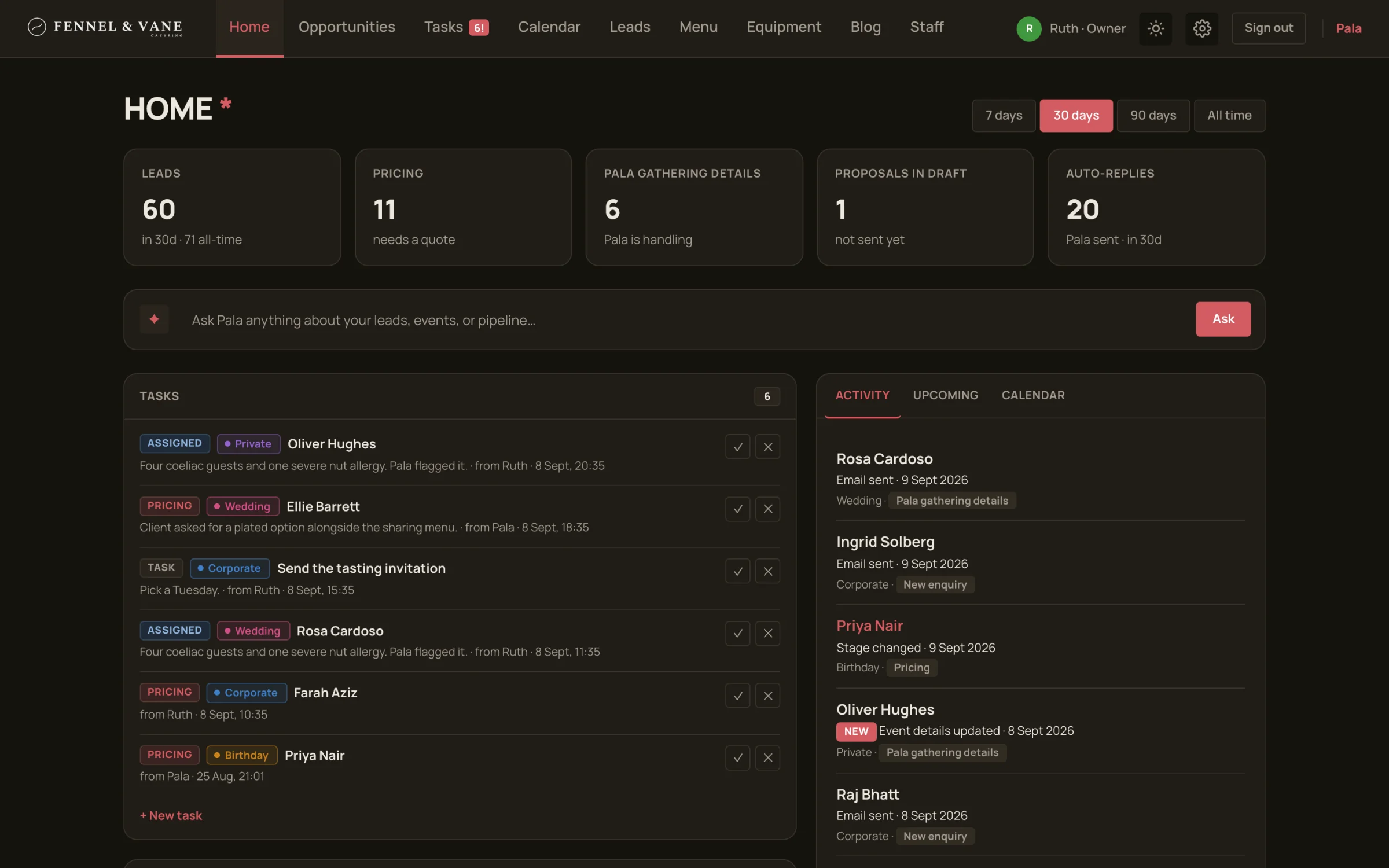 The Pala dashboard showing incoming enquiries, KPI cards and the activity feed.