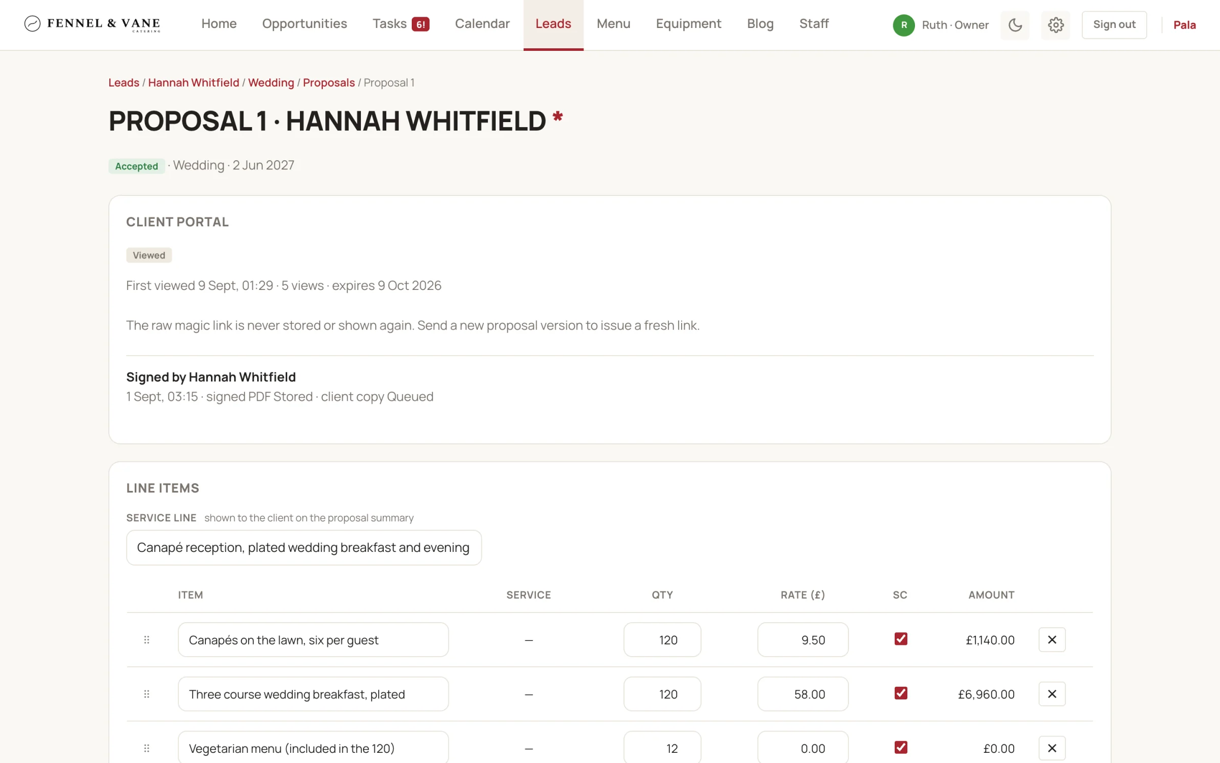 The proposal builder with menu items, quantities, rates and a preview option.